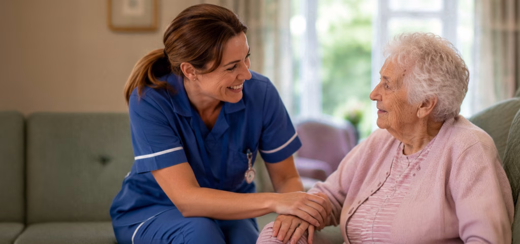 A nurse in blue uniform warmly holding hands and smiling with an elderly woman on a sofa, illustrating specialist nursing care in Oakham.